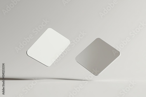 two blank business card mockups floating on a grey background with a soft shadow, two white round-cornered cards flying in the air for design presentation and branding mock-up template