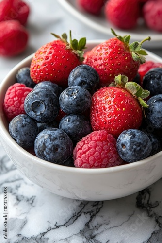 Fresh Strawberries, Blueberries, and Raspberries in a White Bowl