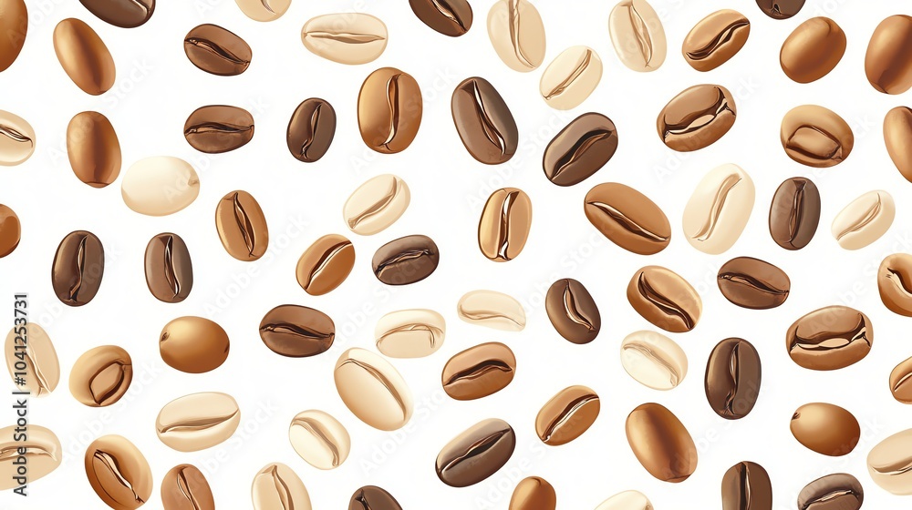 A seamless pattern of coffee beans in various shades of brown against a white background. A seamless pattern of coffee beans in various shades of brown against a white background.
