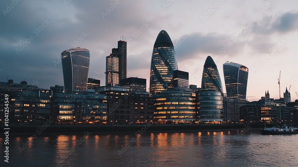 Naklejka premium A panoramic view of London's cityscape at dusk, with the city's iconic skyscrapers illuminated against a vibrant purple sky.