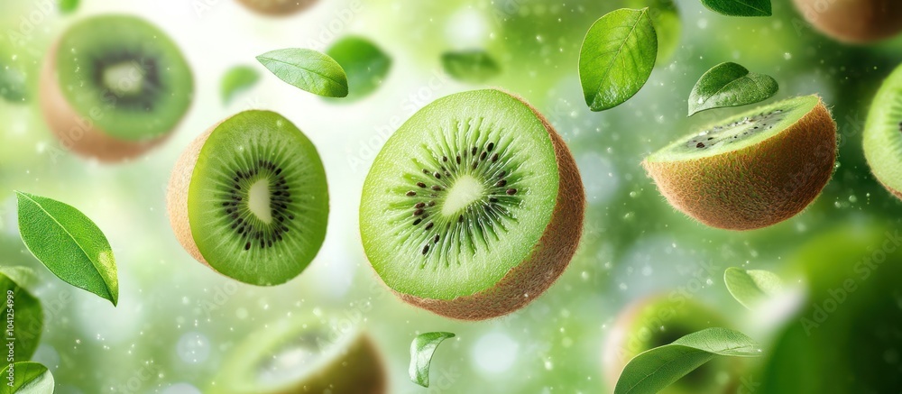 Fototapeta premium Close-up of fresh kiwi fruit slices falling through the air with green leaves and a blurred green background.