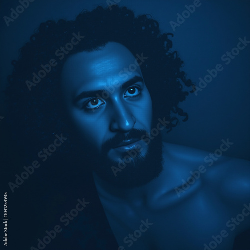 a closeup portrait of a person in blue light