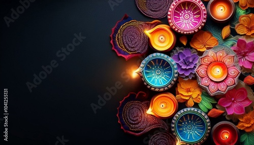 Happy Diwali - Clay Diya lamps lit during Dipavali, Hindu festival of lights celebration. Colorful traditional oil lamp diya photo