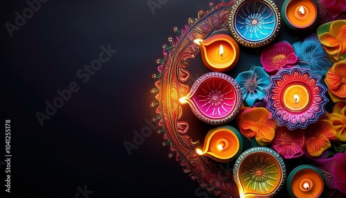 Happy Diwali - Clay Diya lamps lit during Dipavali, Hindu festival of lights celebration. Colorful traditional oil lamp diya photo