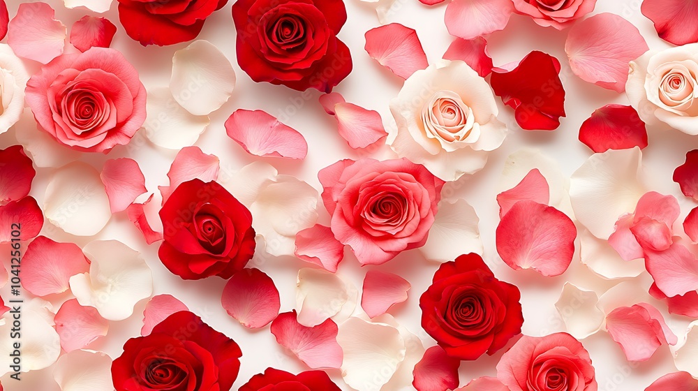 Seamless pattern of red and pink roses with scattered petals, realistic style, soft shadows on a white background, delicate textures, hd quality, high contrast, natural arrangement. --ar 16:9 --tile Seamless pattern of red and pink roses with scattered petals, realistic style, soft shadows on a white background, delicate textures, hd quality, high contrast, natural arrangement. --ar 16:9 --tile