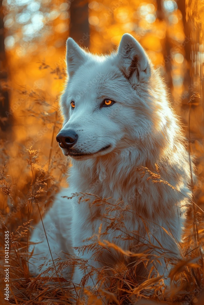 Obraz premium White Wolf with Golden Eyes in a Golden Field