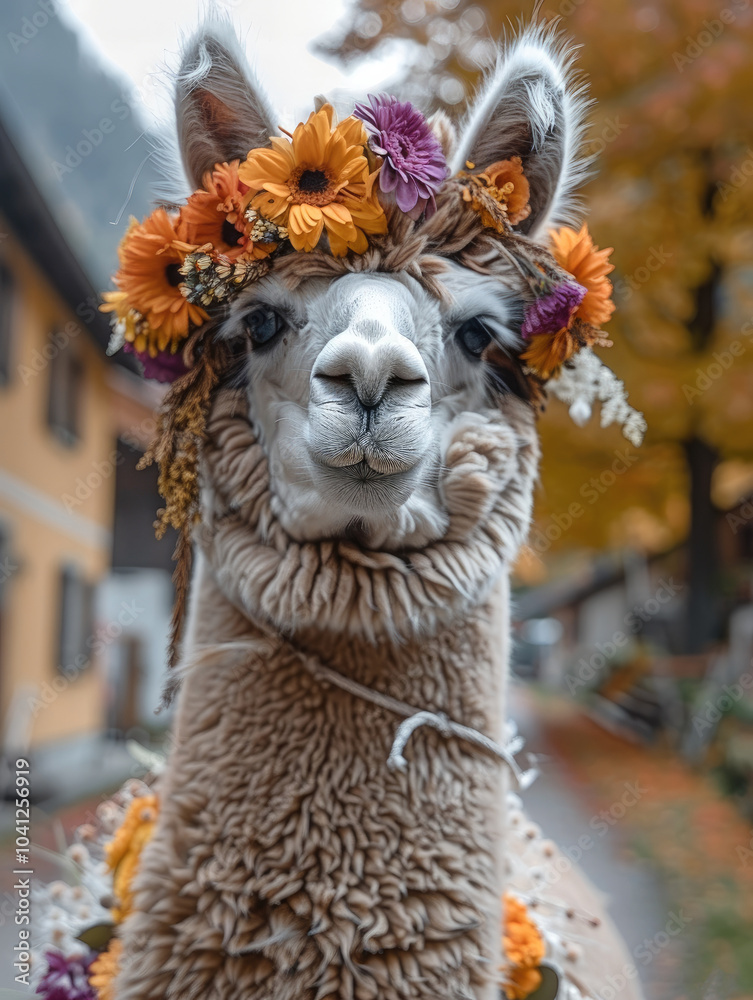 Fototapeta premium A sheared alpaca with flowers decorated, on the street village in autumn.