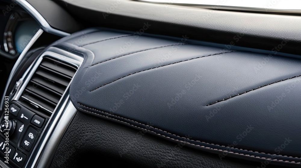 Close-up of a Car's Dashboard with Leather and Stitching Close-up of a Car's Dashboard with Leather and Stitching