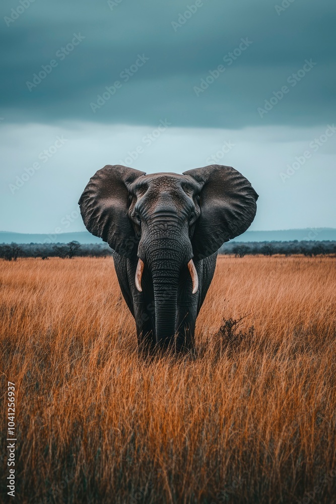 Naklejka premium A lone African elephant stares directly at the camera in a field of tall grass