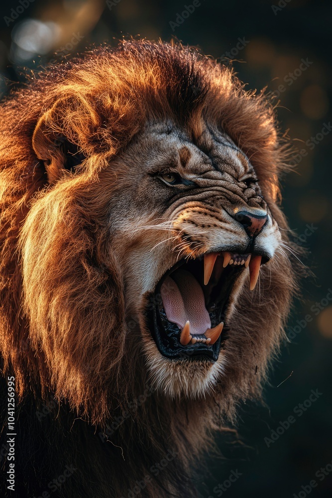 Fototapeta premium A Close-up of a Roaring Lion with its Mouth Wide Open