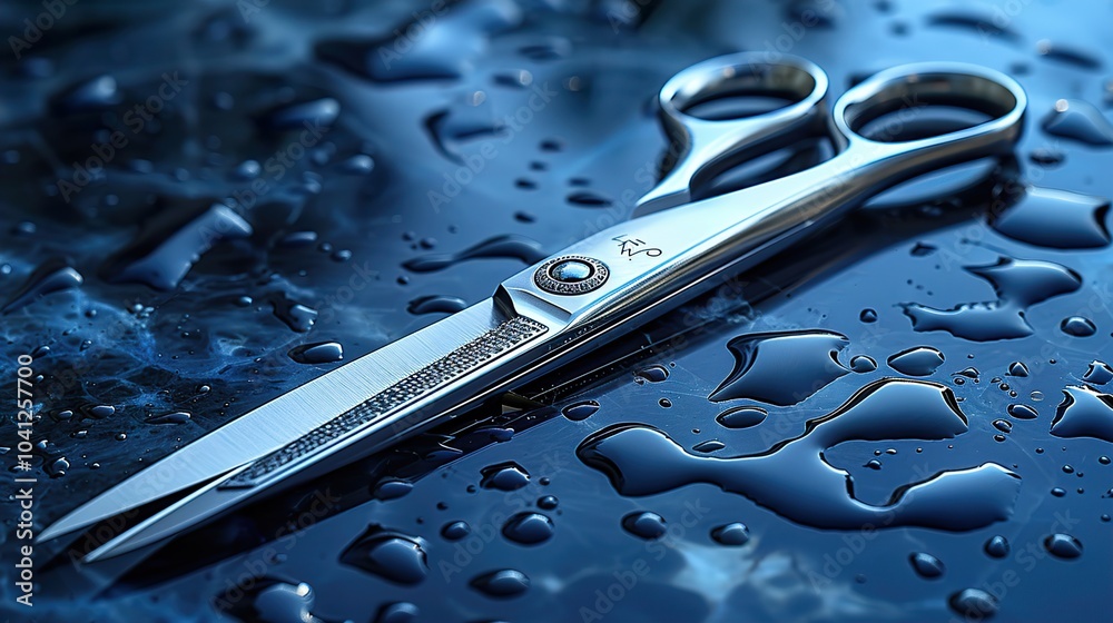 Sharp Scissors on a Wet Surface - Professional Hair Cutting Tools Sharp Scissors on a Wet Surface - Professional Hair Cutting Tools
