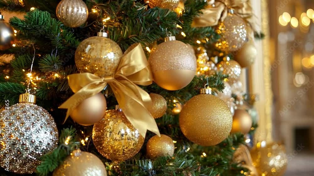 Elegant Christmas decorations featuring gold ornaments and ribbons adorning a beautiful holiday tree in a festive hall Elegant Christmas decorations featuring gold ornaments and ribbons adorning a beautiful holiday tree in a festive hall