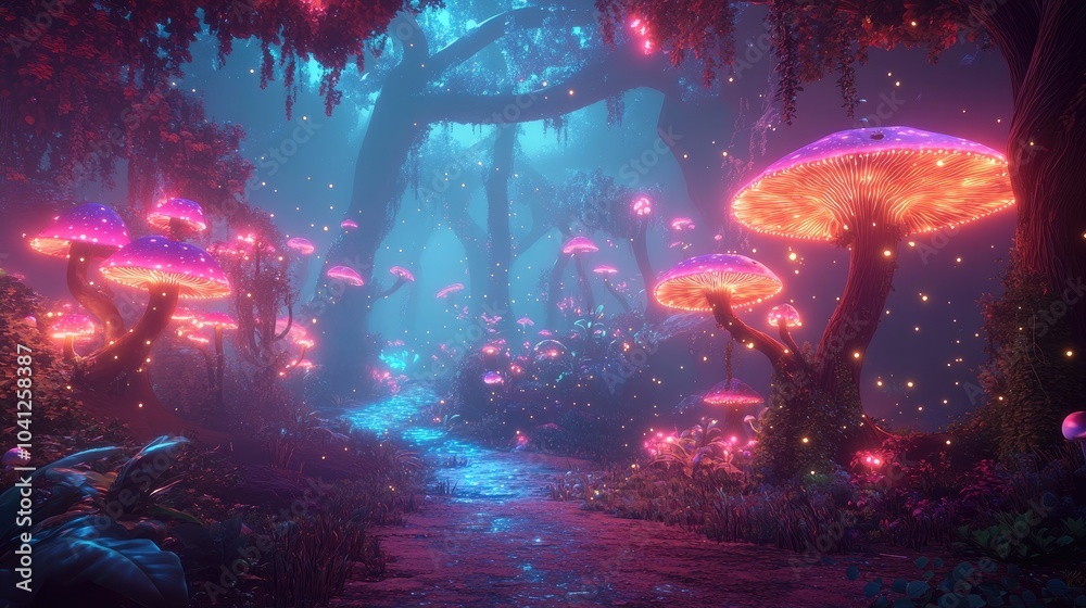 Enchanted Forest with Glowing Mushrooms in Fantasy World Enchanted Forest with Glowing Mushrooms in Fantasy World