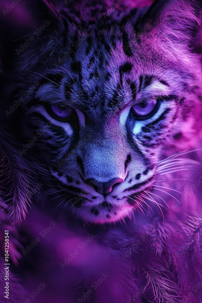 Obraz premium Close-up Portrait of a Lynx with Purple and Blue Lighting