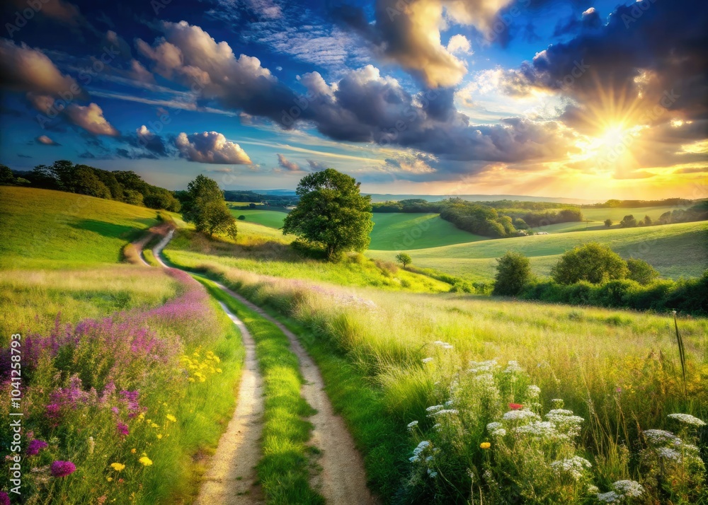 Obraz premium Enchanting Double Exposure of Rural Hampshire's Green Fields and Pathway on a Summer Day