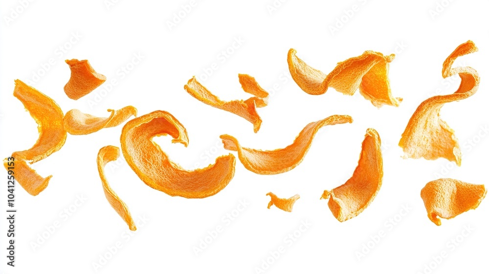 Fototapeta premium Dried orange peel on the air , curly dried orange peel on the air isolated on white backgroun