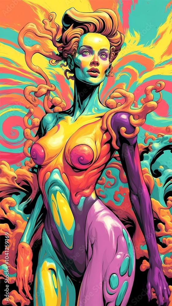 A digital illustration of a boldly stylized figure with a neon-like palette of colors. A digital illustration of a boldly stylized figure with a neon-like palette of colors.