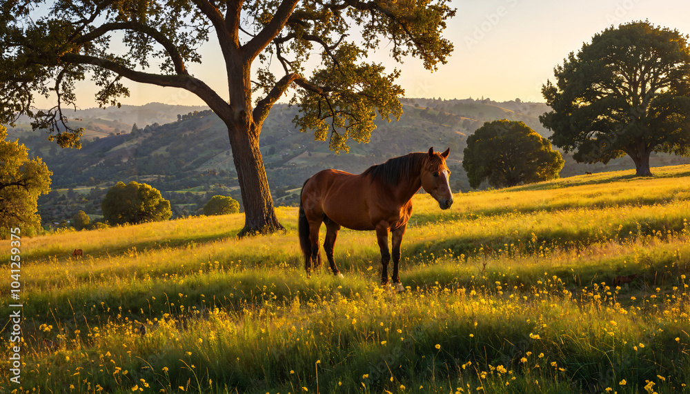 Naklejka premium Cheval au crépuscule champêtre