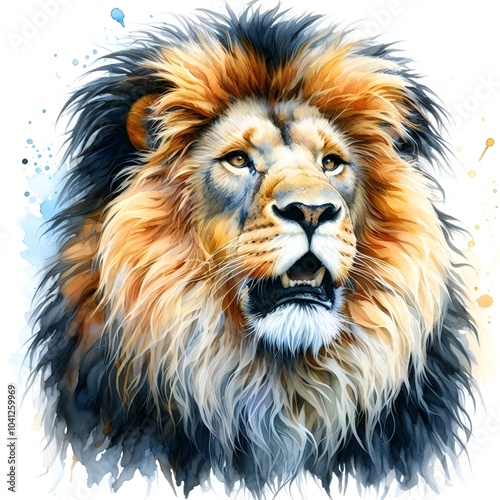 lion family digital painting watercolor oil painting drawing illustration, white background, lion male female baby photo