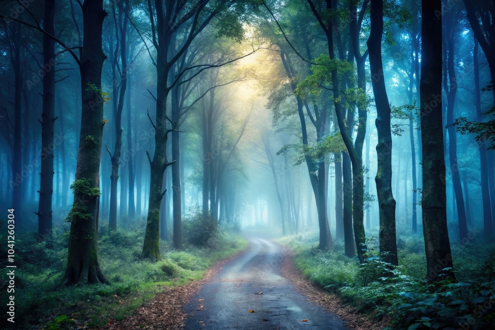 Fototapeta premium Experience a chilling foggy forest trail, designed for urban exploration videos. This looping backdrop enhances the intrigue, drawing viewers into its mysterious depths.