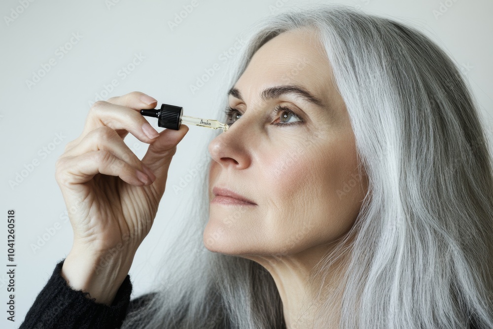 Mature woman applying serum on her face. Caucasian 50s female holding dropper skin care product. Anti Age essential oil with oily pipette. Advertising facial care cosmetics. Health, youth. Drop fluid Mature woman applying serum on her face. Caucasian 50s female holding dropper skin care product. Anti Age essential oil with oily pipette. Advertising facial care cosmetics. Health, youth. Drop fluid