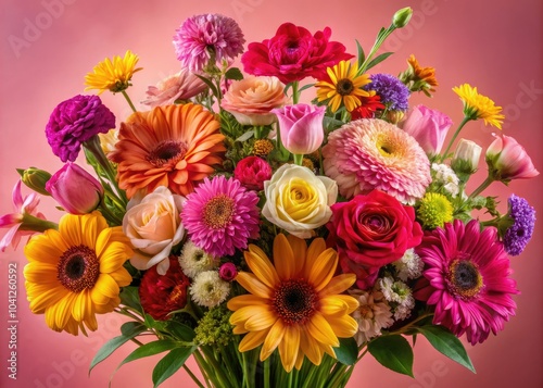 Experience a stunning close-up of a dazzling assortment of colorful flowers against a soft pink background, ideal for those who appreciate the art of nature.