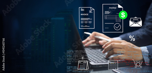 managing online invoices, electronic tax, e-invoice, and digital receipt statements concept
