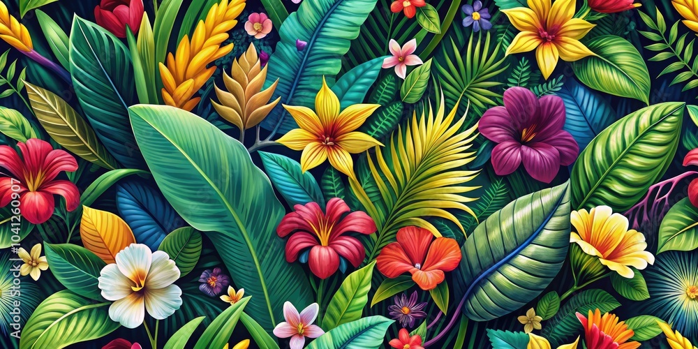 Naklejka premium Experience paradise with this tropical floral pattern, adorned with lush leaves and vibrant blooms, perfect for enhancing nature-themed backgrounds and designs.
