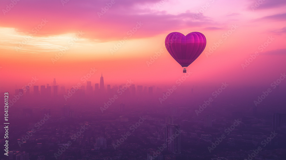Fototapeta premium A heart-shaped hot air balloon floating in a pink and purple sky, city skyline below, golden hour lighting, dreamy and serene scene