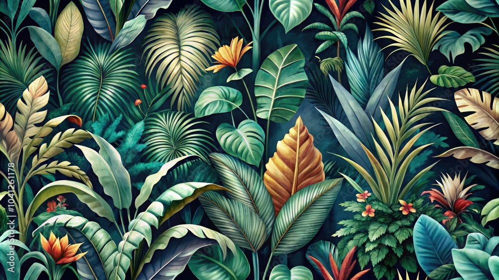 Fototapeta premium Experience the beauty of nature with this jungle landscape watercolor pattern wallpaper, showcasing artistic silhouettes that enhance your interior with vibrant colors and a serene ambiance.