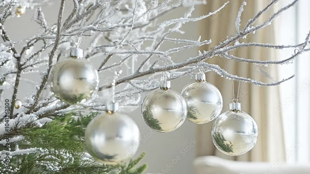 Elegant Christmas decorations adorn a snowy tree in a warm, inviting hall during the holiday season Elegant Christmas decorations adorn a snowy tree in a warm, inviting hall during the holiday season