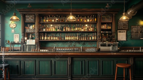 Obraz na płótnie the counter bar in a cosy old english or irish pub with lots of whisky bottles in the background w salonie