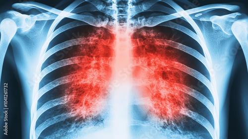 X-ray image of a human chest showing lungs with highlighted areas, illustrating respiratory health and medical diagnostics. photo