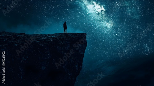 Silhouetted Contemplation on the Edge of the Unknown Void under Starry Night Sky