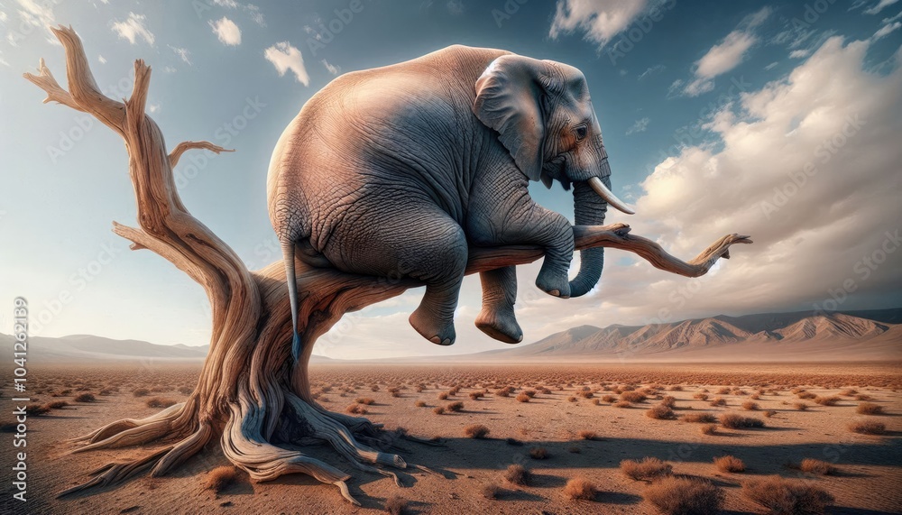 Surreal Digital Artwork of a Realistic Elephant Sitting on a Tree Branch in a Barren Desert Landscape with a Sunset Sky, Emphasizing Humor, Whimsy, and Detailed Realism