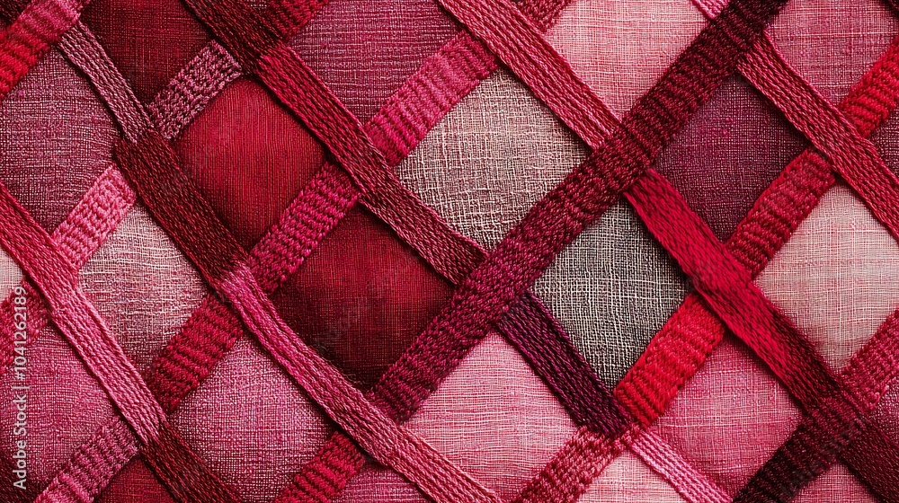 Stitched pattern of X's and O's, fabric texture, embroidery style, cozy and handmade feel, various shades of red and pink, patchwork look, hd quality, seamless repetition. --ar 16:9 --tile