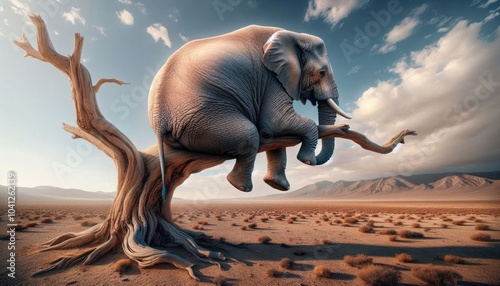 Obraz na płótnie Surreal Digital Artwork of a Realistic Elephant Sitting on a Tree Branch in a Barren Desert Landscape with a Sunset Sky, Emphasizing Humor, Whimsy, and Detailed Realism w salonie