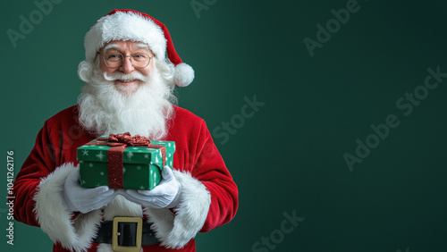 Santa Claus with a festive green-themed present.