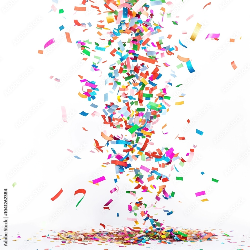 Obraz premium Flying colorful confetti in the air on the white background. Concept of happy birthday, party and holidays isolated on a white background