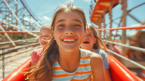 Mother and two children family riding a rollercoaster at an amusement park experiencing excitement, joy, laughter, and fun