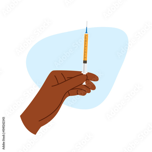 Dark skinned hand holds syringe with beauty serum. Injection procedure