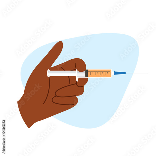 Dark hand holding syringe with beauty serum. Skin care and cosmetic injection illustration