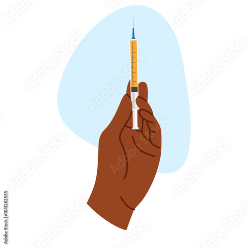Dark skinned hand with syringe for serum injection. Beauty care concept