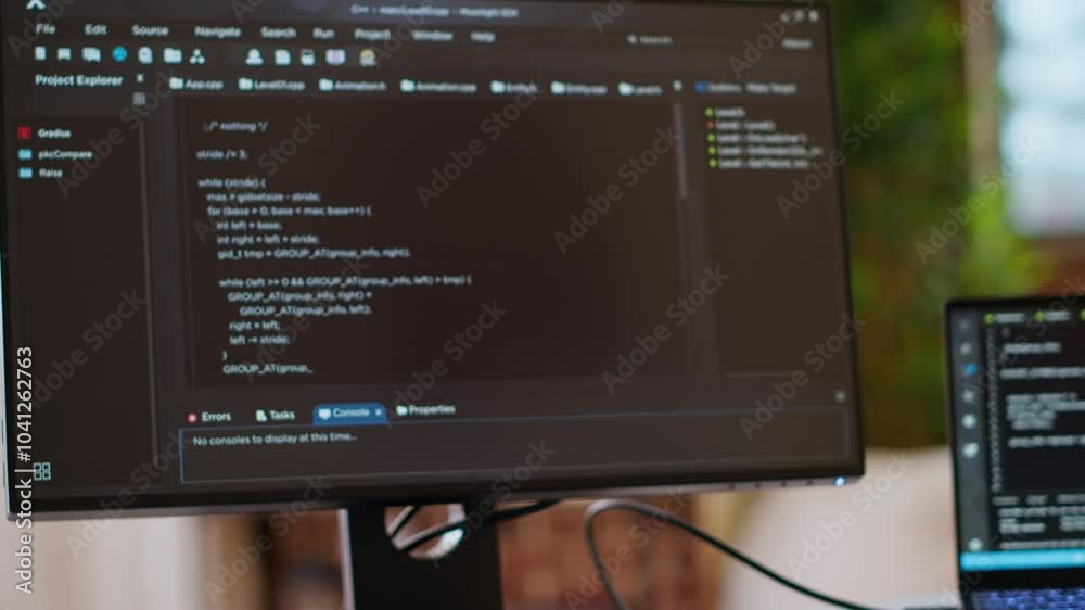 Asian programmer seen typing code for a user interface design on dual monitors, working in a digital workspace. Woman coder working on software engineering and front end development. Camera B.