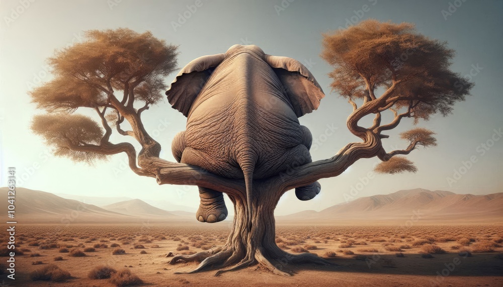 Surreal Digital Artwork of a Realistic Elephant Sitting on a Tree Branch in a Barren Desert Landscape with a Sunset Sky, Emphasizing Humor, Whimsy, and Detailed Realism