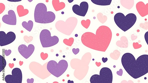 Vector pattern of heart-shaped confetti, flat design style, pastel pink and purple colors, minimalist approach, clean lines, various sizes, modern look, hd quality, seamless flow. --ar 16:9 --tile