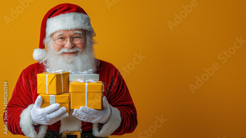 Cheerful Santa presenting gifts on orange backdrop