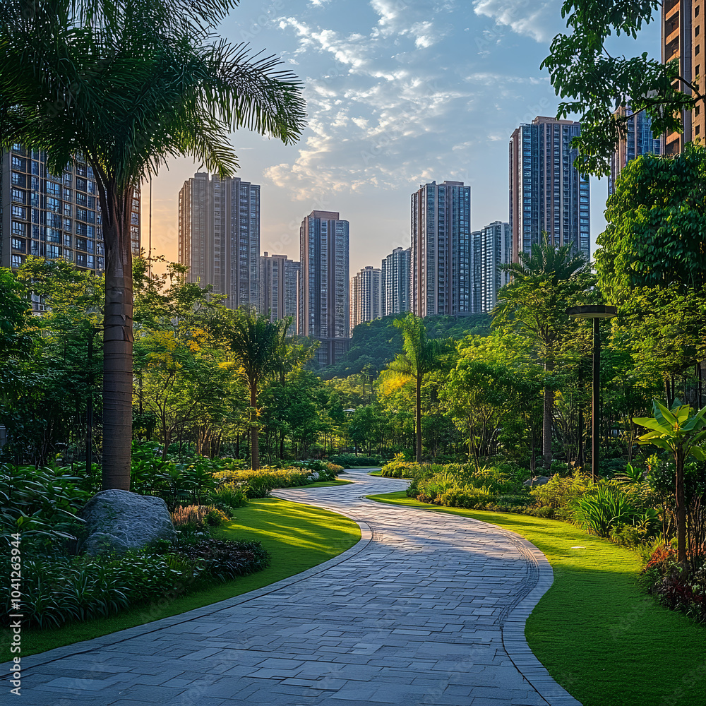 Obraz premium Winding Path Through Urban Park With Modern Buildings