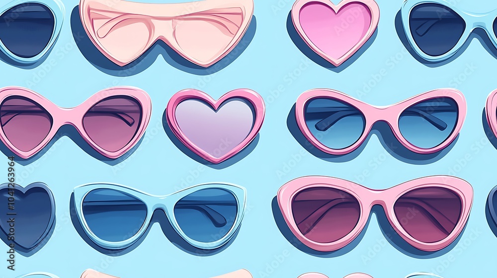 Vector pattern of heart-shaped sunglasses and accessories, flat design style, pastel tones, minimalist approach, clean lines, modern and chic look, hd quality, seamless flow. --ar 16:9 --tile