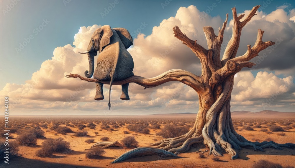 Surreal Digital Artwork of a Realistic Elephant Sitting on a Tree Branch in a Barren Desert Landscape with a Sunset Sky, Emphasizing Humor, Whimsy, and Detailed Realism